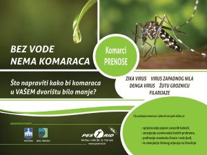 Edukativni plakat PESTRID-a i Grada Osijeka pod sloganom 'Bez vode nema komaraca' kao dio projekta educiranja pučanstva. Prikazuje komarca i popis bolesti koje prenosi, poput Zika virusa i Virusa Zapadnog Nila.