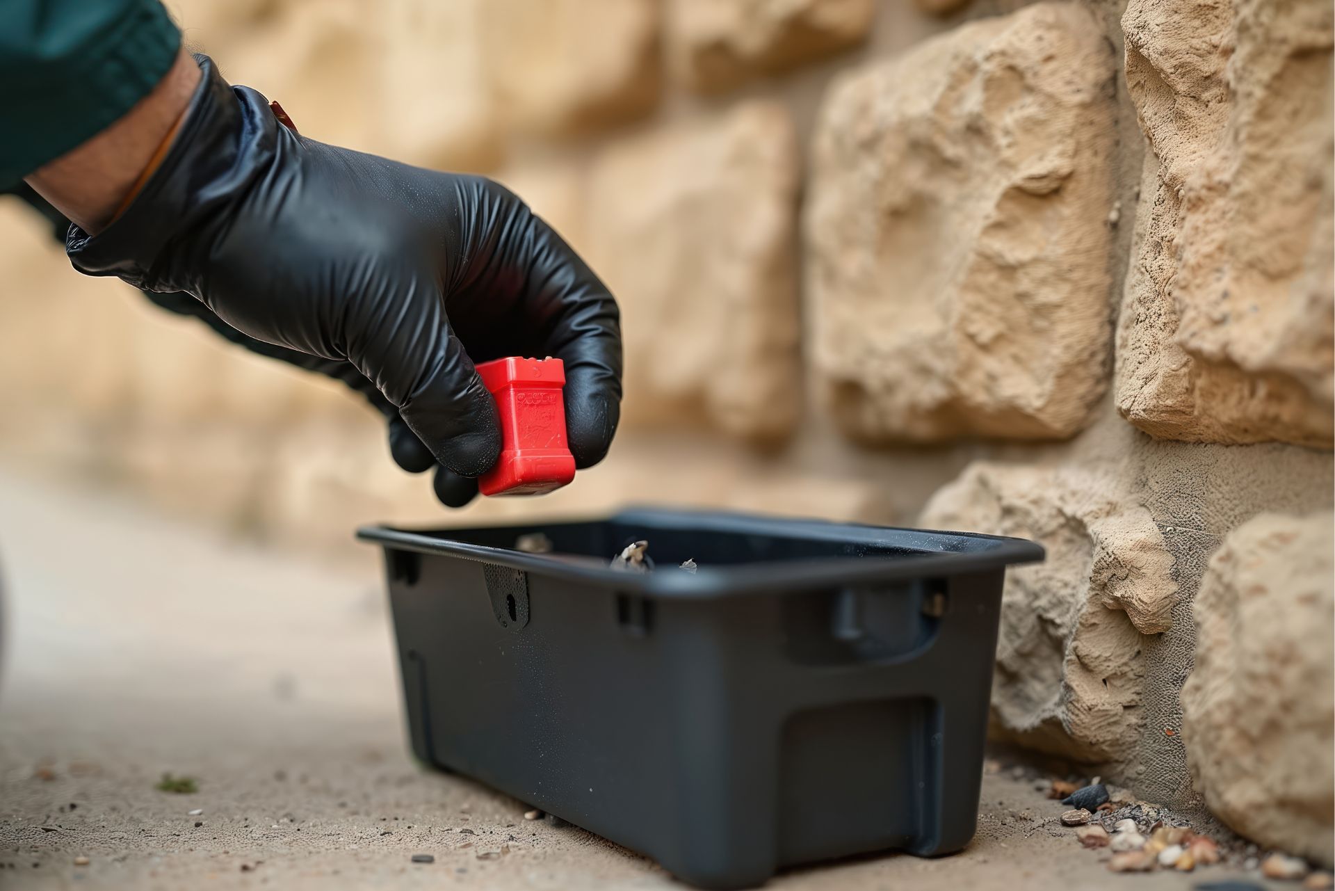 Profesionalna deratizacija – tehničar u rukavicama postavlja rodenticidni mamac u sigurnosnu kutiju za glodavce.