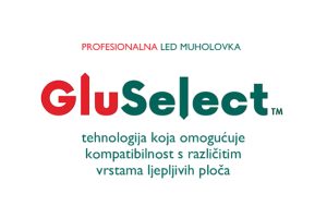 Logo GluSelect tehnologije koja omogućuje kompatibilnost ljepljivih ploča u Inovus muholovkama.